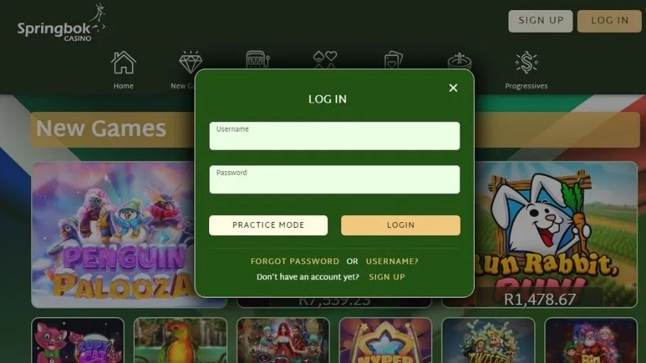 springbok casino login popup screenshot