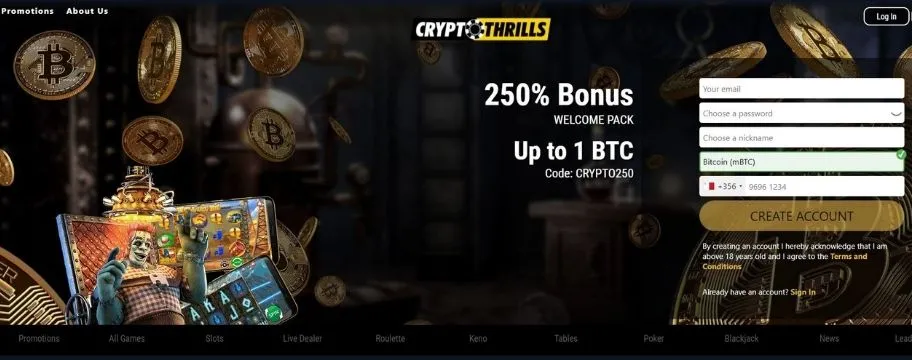 bitcoin casino Crypto Thrills homepage screenshot