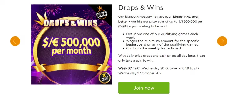 Casino.com drops & wins offer screenshot