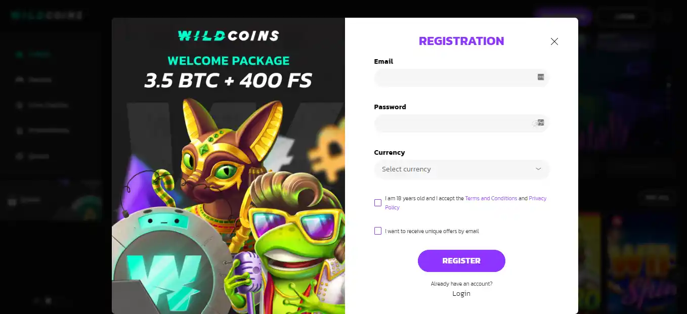 wildcoins casino landing page