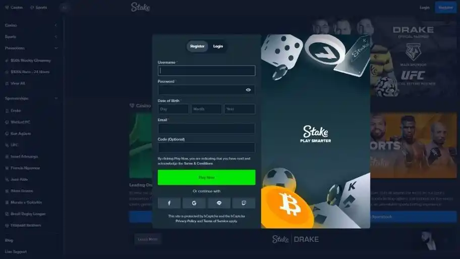 stake casino login screen