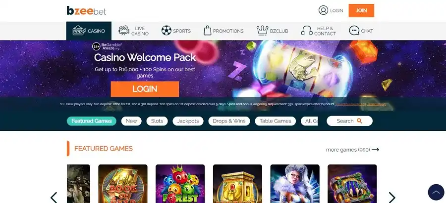 Bzeebet casino landing page