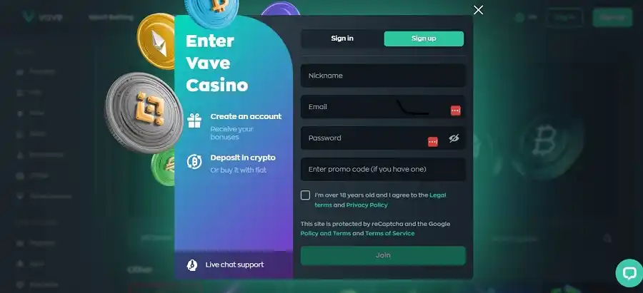 Vave casino sign up