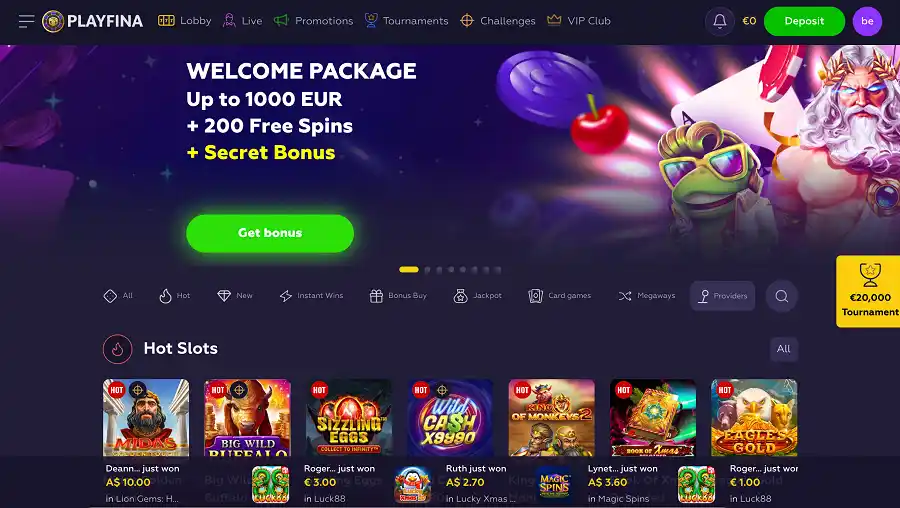 Playfina casino landing page