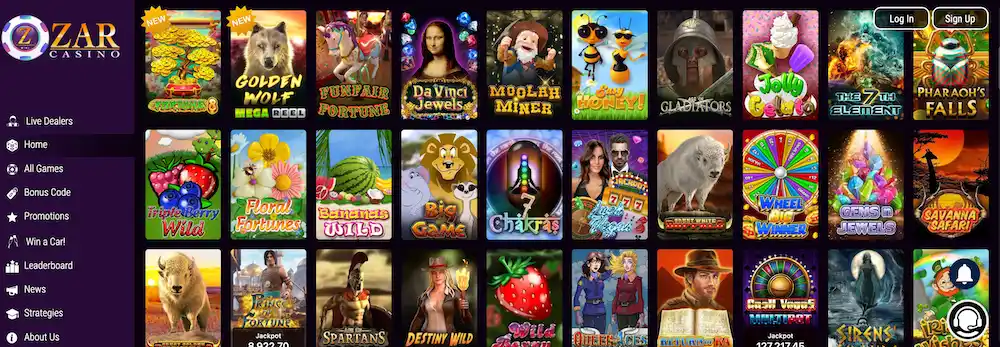 Screenshot of ZAR Casino homepage