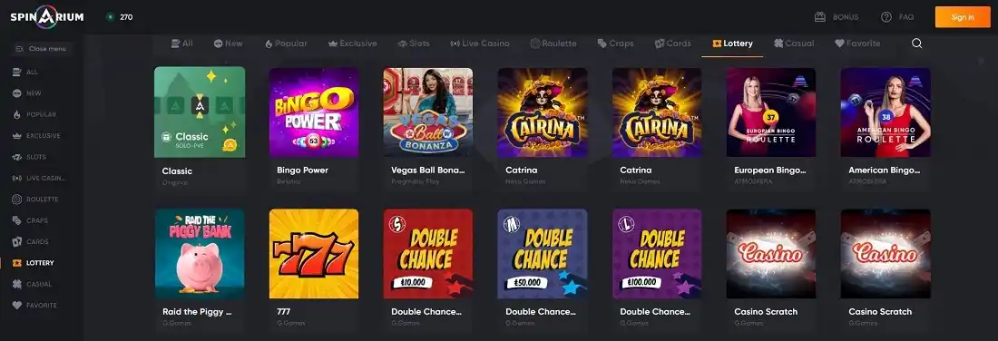 Spinarium lottery games screenshot
