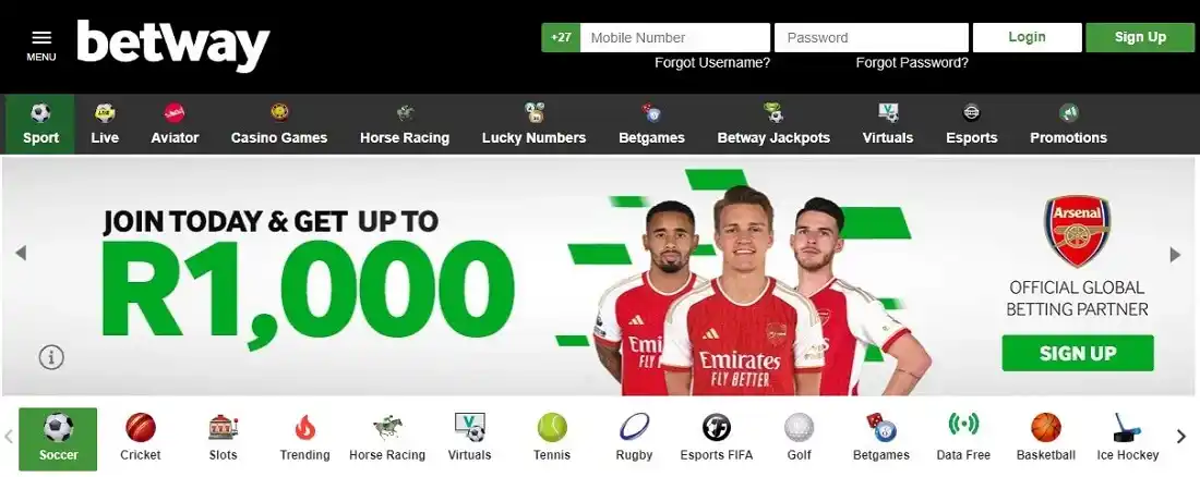 Betway homepage screenshot