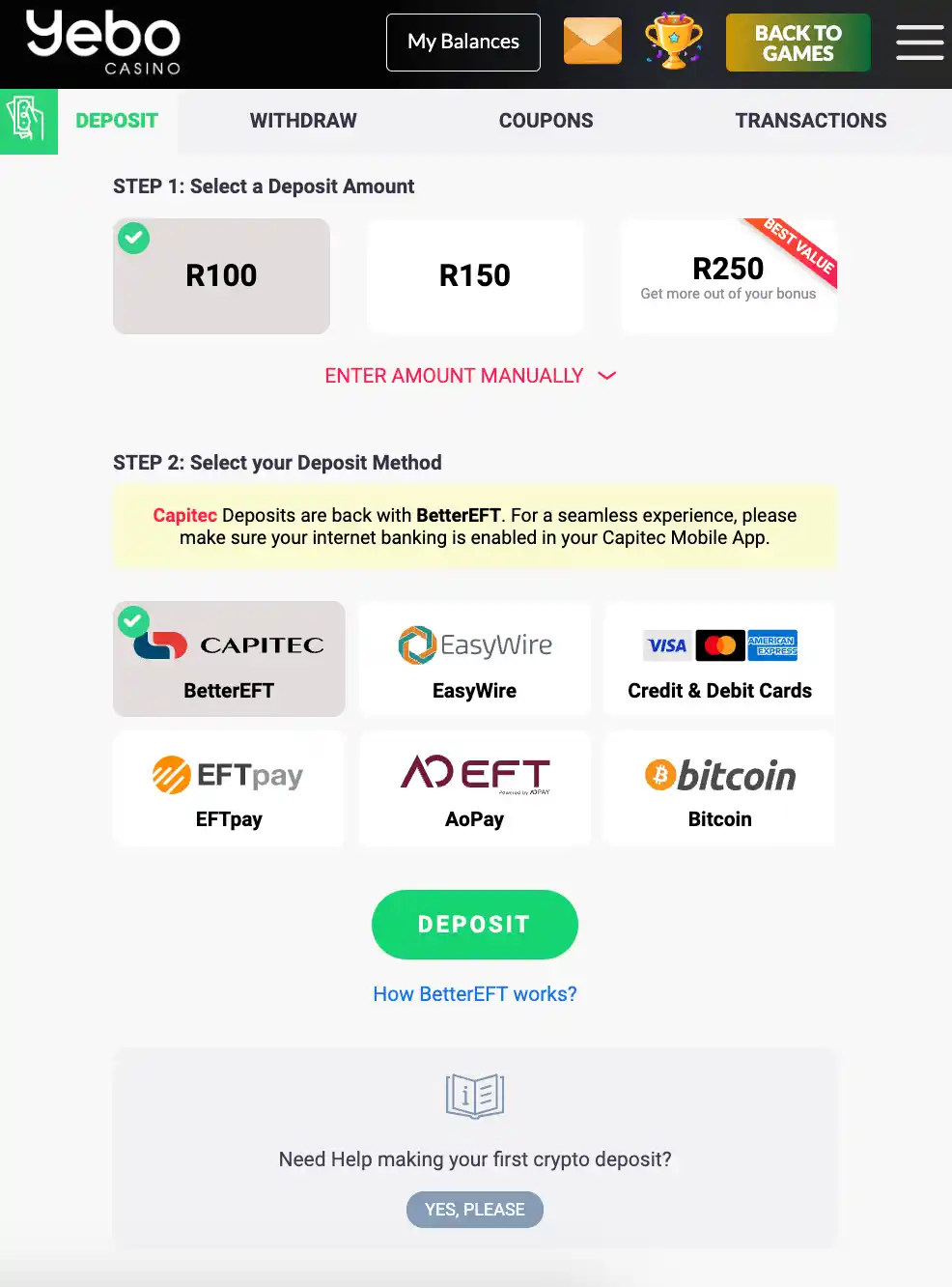 Screenshot of deposit options at Yebo Casino