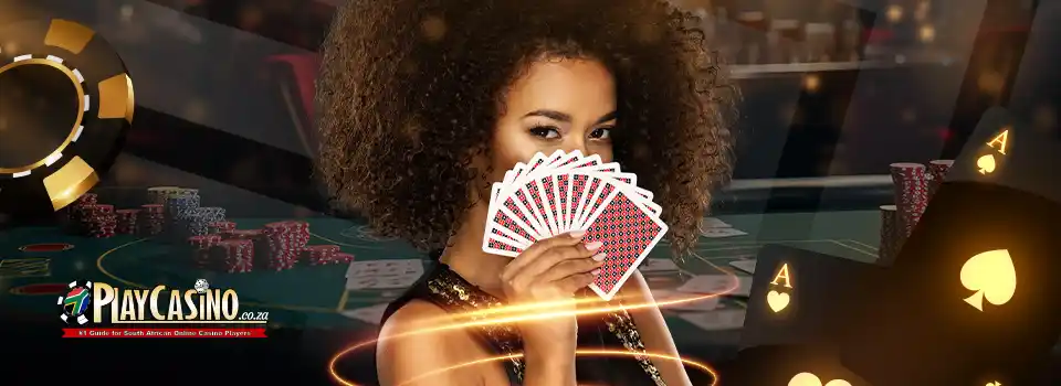 Woman holding playing cards with casino backgorund