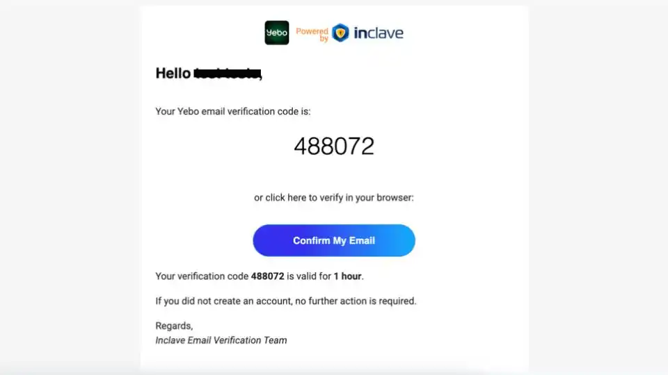 Emailed verification code from Inclave