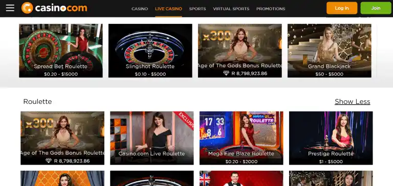 Casino.com live casino page screenshot