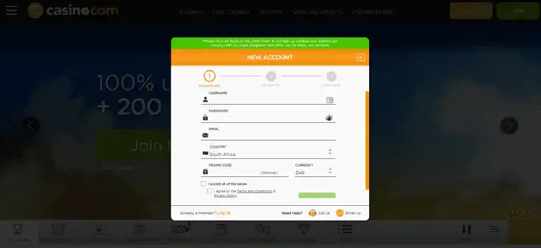 Casino.com new account creation screenshot