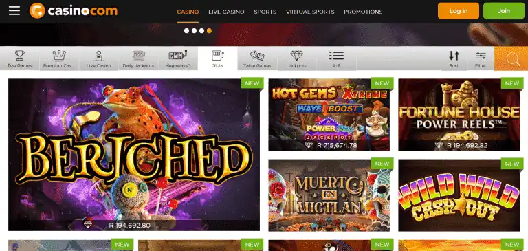 Casino.com slots page screenshot
