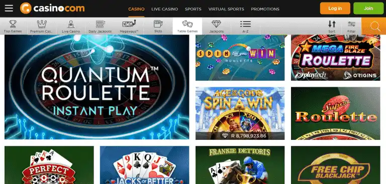 Casino.com table games page screenshot