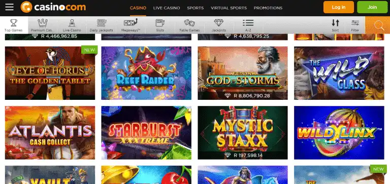 Casino.com top games page screenshot