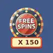 Casino chip with text 'Free Spins' and 150x on blue background
