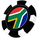 Black casino chip with South African flag on it.