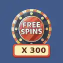 Casino chip with text 'Free Spins' and 300x on blue background