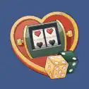 Red and gold heart with slot machine and dice on blue background