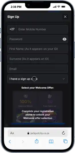 Jackpot City Login Screen on mobile