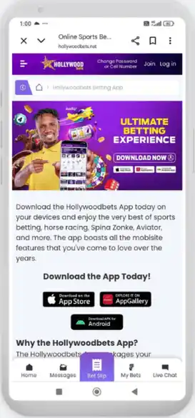 Mobile screen with Hollywoodbets betting app