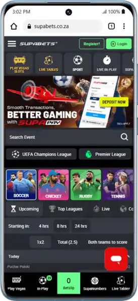 Mobile screen with Supabets site