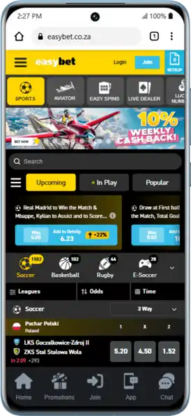 Mobile screen with Easybet site