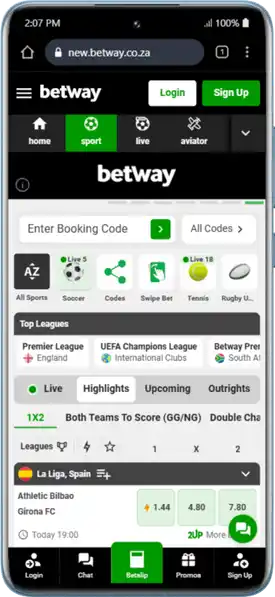 Mobile screen with Betway site