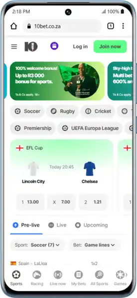 Mobile screen with 10bet site