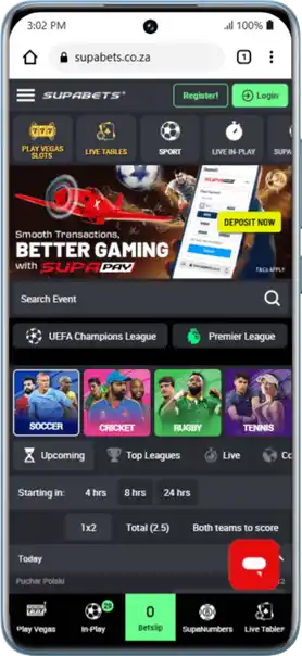 Mobile screen with Supabets site