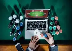 Video poker on laptop, surrounded by casino chips.