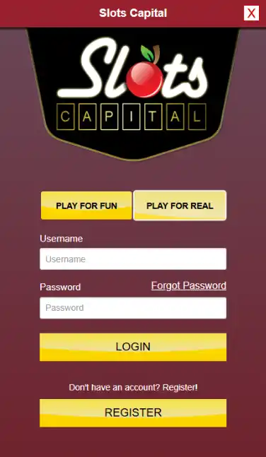 Screenshot of Capital Slots login form