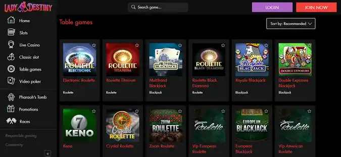 lady destiny casino table games