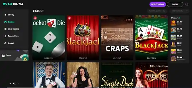 Wildcoins casino table games