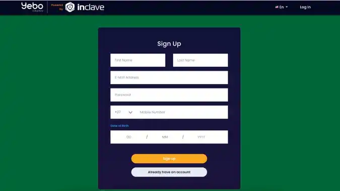 Screenshot of signing up to Inclave for Yebo Casino