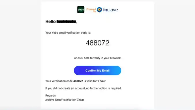 Emailed verification code from Inclave