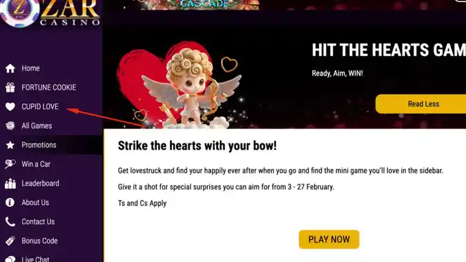 Cupid Love game in sidebar menu on ZAR Casino