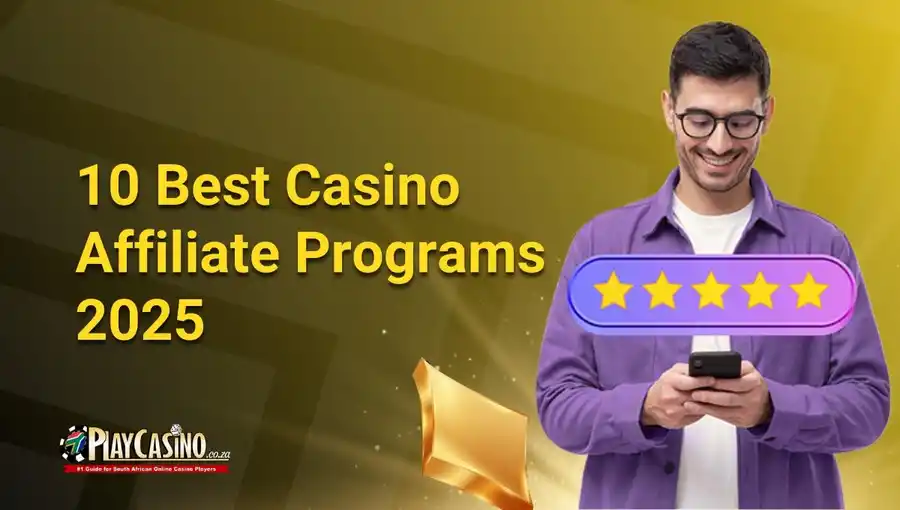 Man smiling joining the best casino affiliate programs on his phone