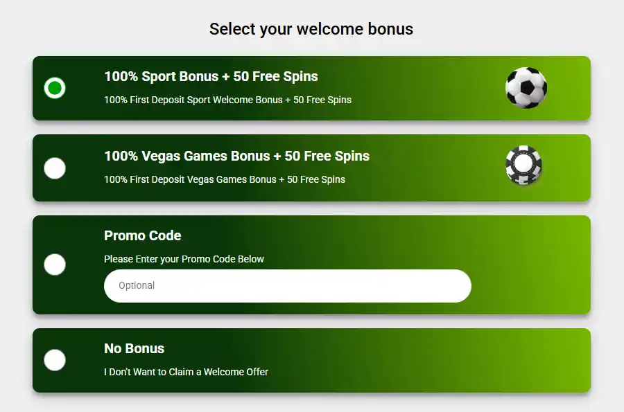 Screenshot of bonus choices on Playa Bets for PCSA players