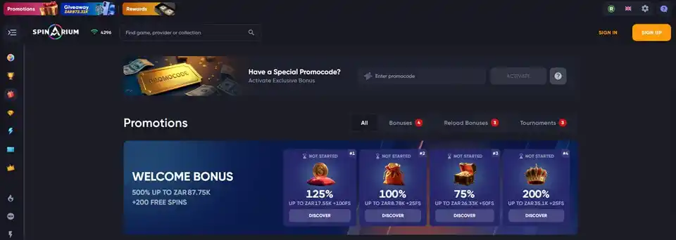 Spinarium Casino Homepage Screenshot