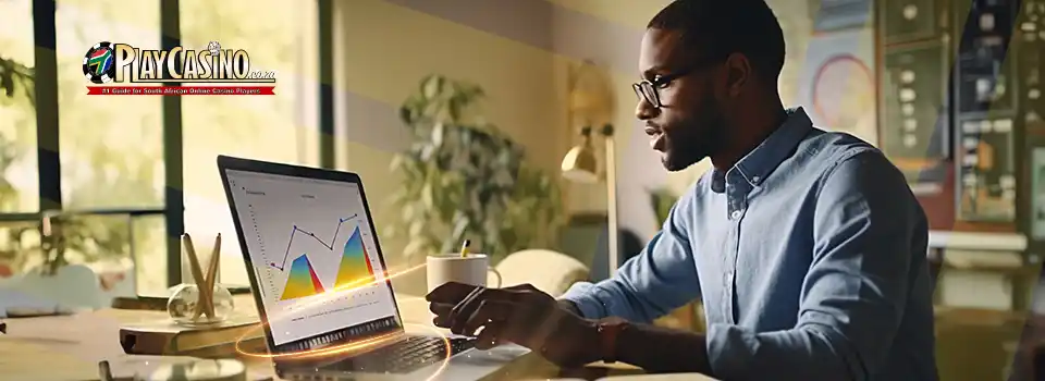 Man writing on laptop looking at data graphs