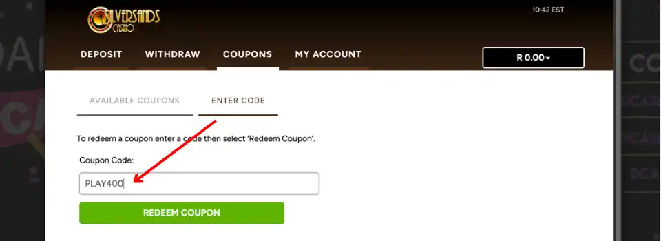 Screenshot of SilverSands cashier with no deposit bonus code