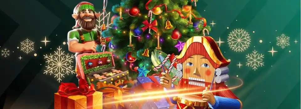 Characters from online casino Christmas slots around a Christmas tree.