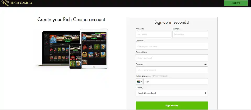 claiming a no deposit bonus at Rich Casino step 1