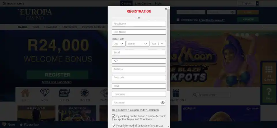 claiming a no deposit bonus on Europa Casino step 1