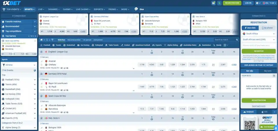 1xBet Sports Betting Page