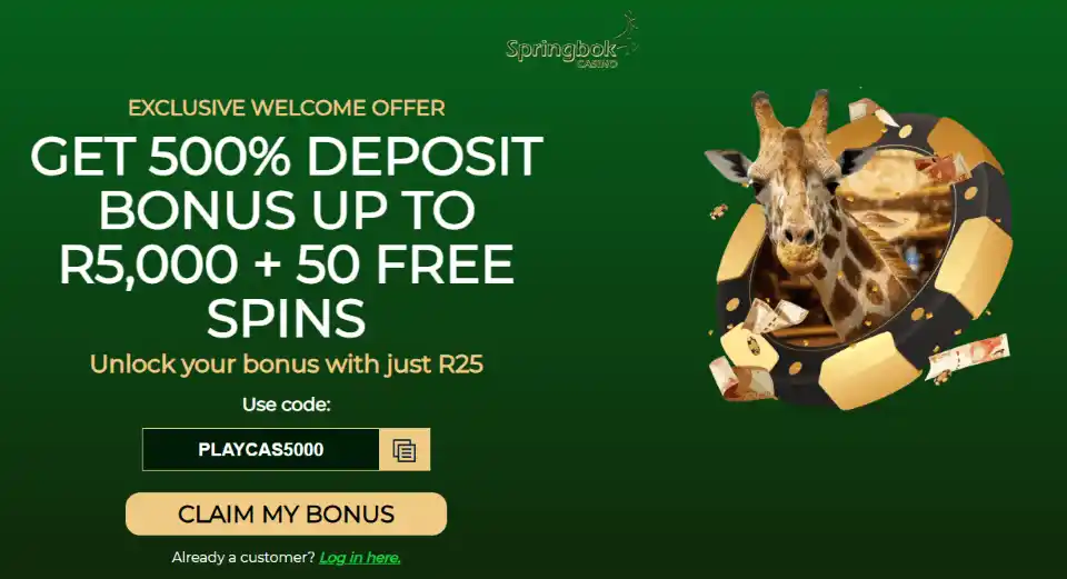 PLAYCAS5000 code for 500% Up to R5,000 and 50 Free Spins