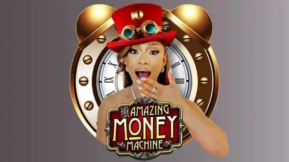 Surprised woman with Amazing Money Machine logo