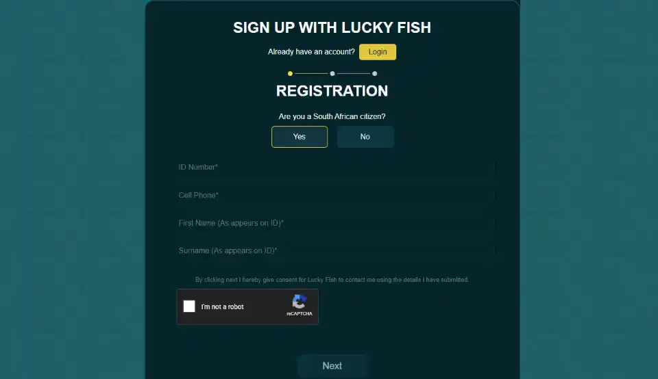 Lucky Fish registration form