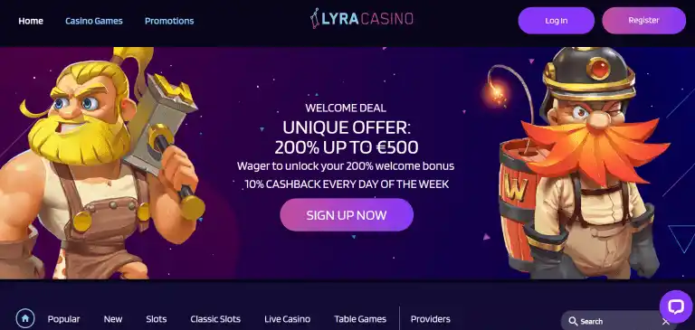 Lyra Casino South Africa home page screenshot